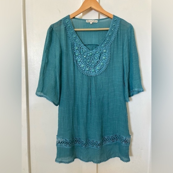PLEASANT Shade crepe peasant blouse beadwork lace medium 3/4 sleeves - Picture 1 of 10